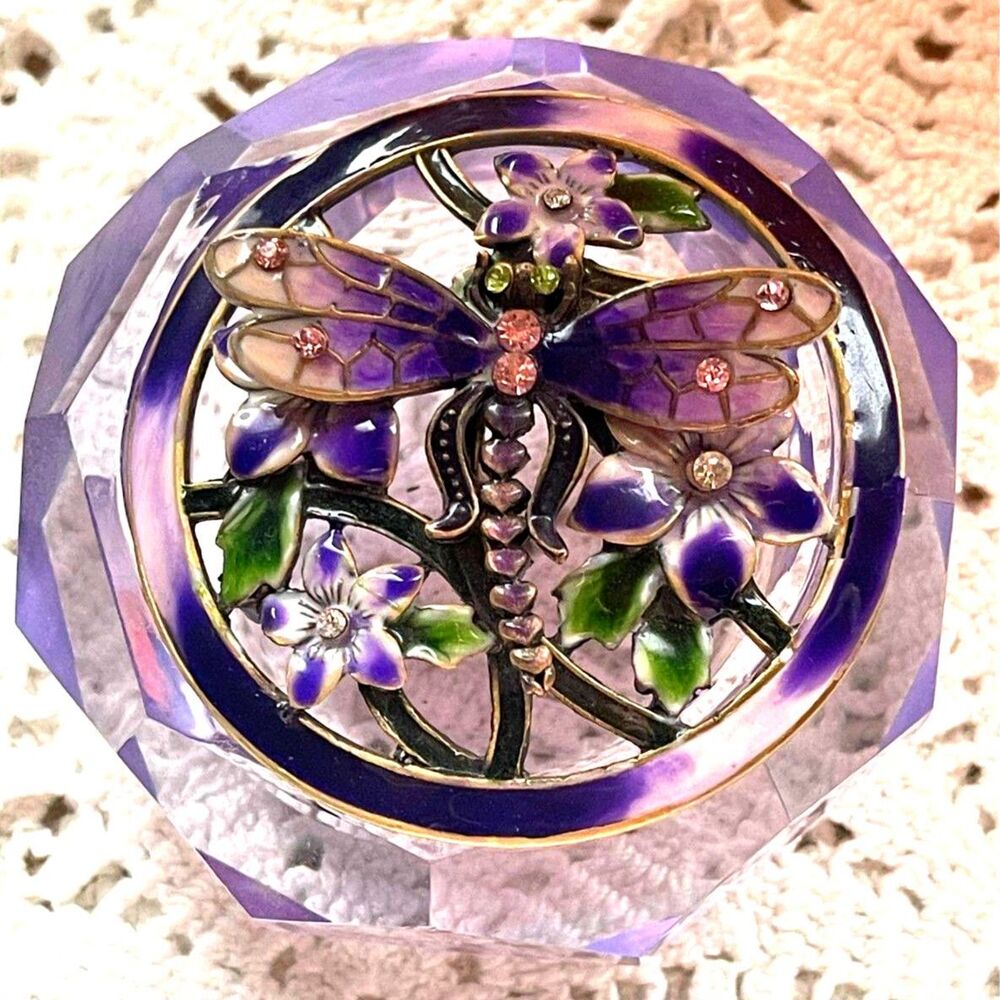 Vintage Y2K Iridescent Glass Enamel & Crystal Dragonfly Floral Purple Octagon Tr